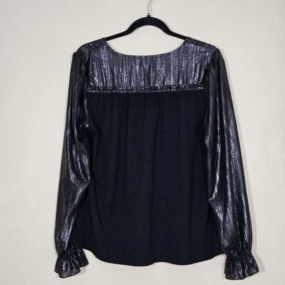 Current Air Top Womens L Black LS V-Neck Shimmery Seersucker Back Anthropology - Picture 2 of 16